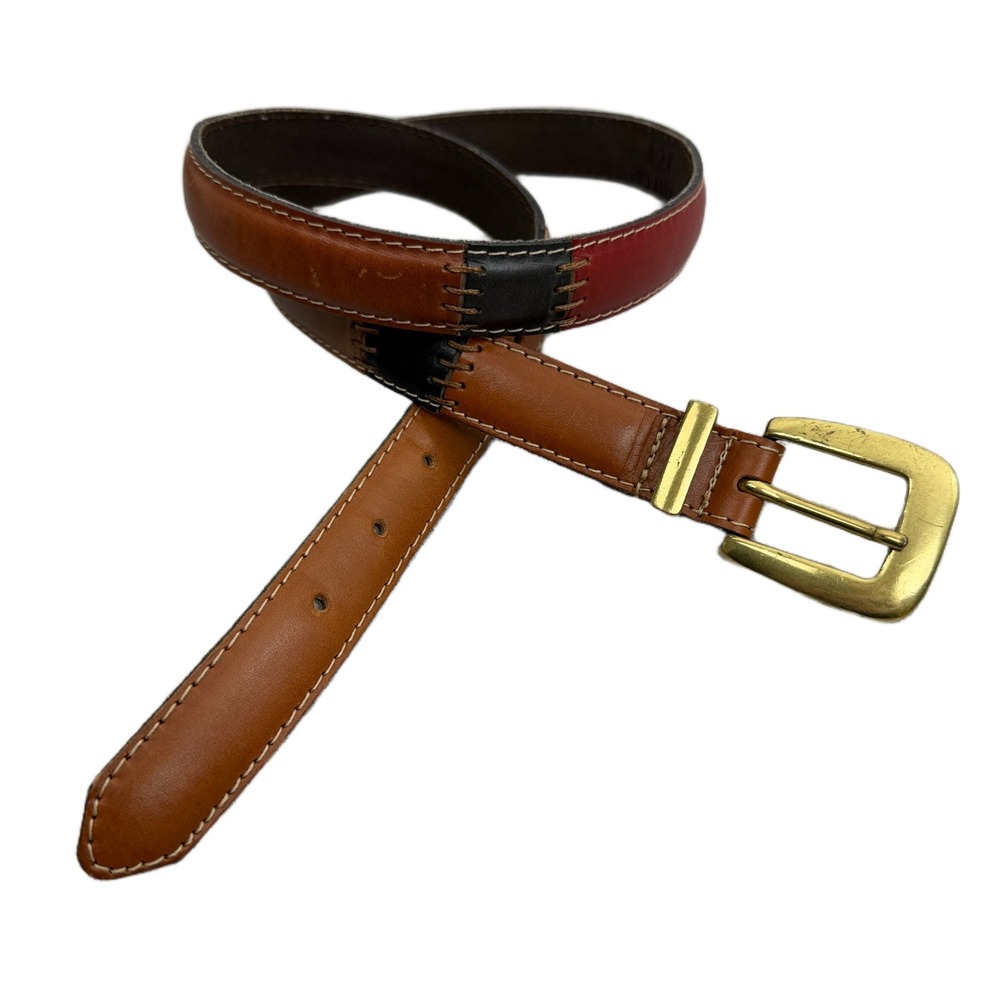 Vtg Fossil Leather Belt Womens Large Multi Brass Buckle Colorblock Stitched  1"